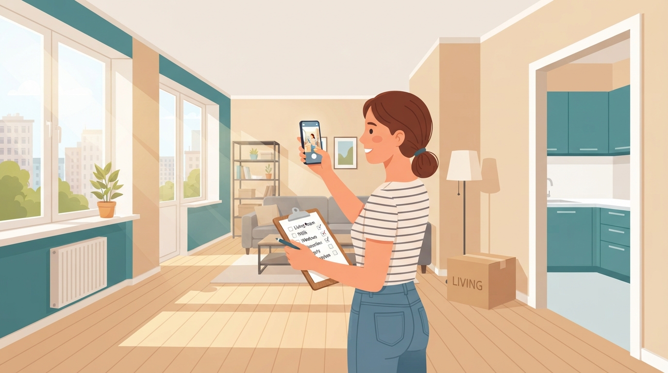 Tenant documenting rental property condition with smartphone during move-in inspection