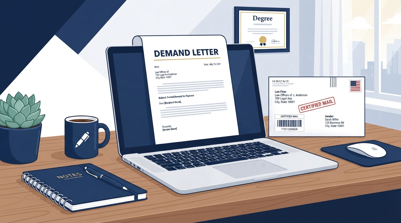 Writing a security deposit demand letter on laptop with certified mail envelope preparation