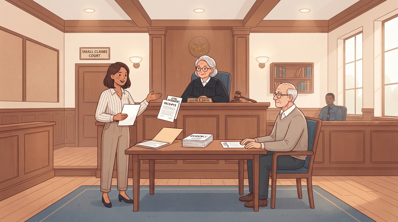 Small claims court hearing for security deposit dispute with tenant presenting evidence to judge